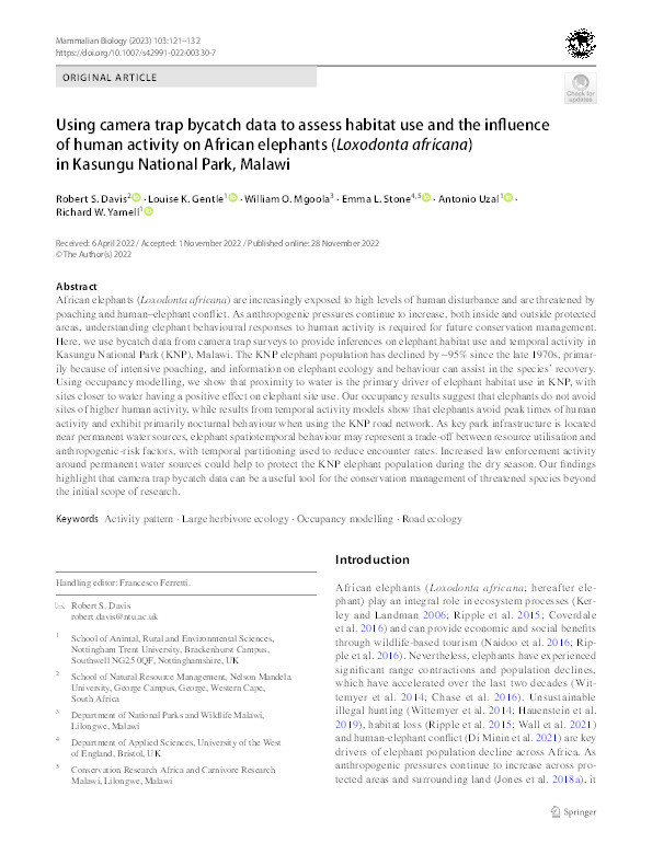 Using camera trap bycatch data to assess habitat use and the influence of human activity on African elephants (Loxodonta africana) in Kasungu National Park, Malawi Thumbnail