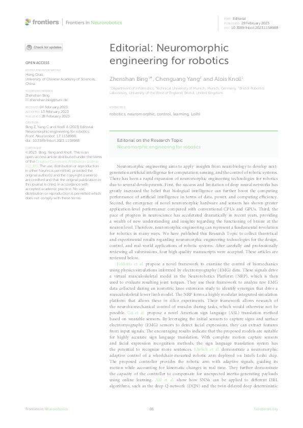 Editorial: Neuromorphic engineering for robotics Thumbnail