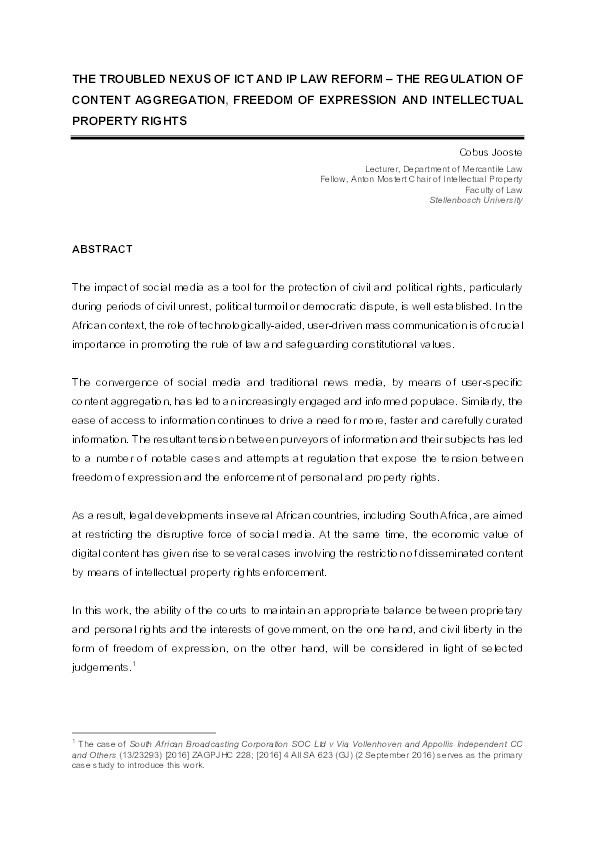 The troubled nexus of ICT and IP law reform - The regulation of content aggregation, freedom of expression and intellectual property rights Thumbnail