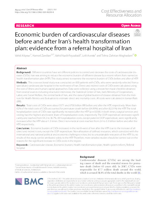 Economic burden of cardiovascular diseases before and after Iran’s health transformation plan: Evidence from a referral hospital of Iran Thumbnail