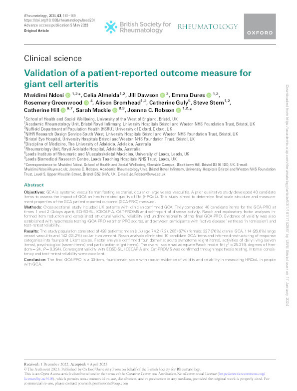 Validation of a patient-reported outcome measure for giant cell arteritis Thumbnail