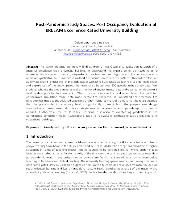 Post-Pandemic study spaces: Post occupancy evaluation of BREEAM excellence rated university building Thumbnail