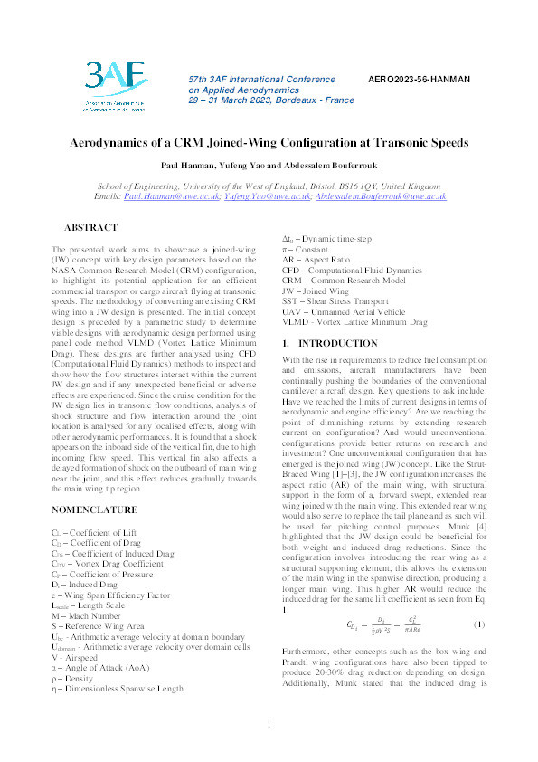 Aerodynamics of a CRM joined-wing configuration at transonic speeds Thumbnail