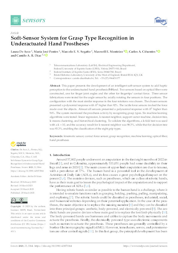 Soft-sensor system for grasp type recognition in underactuated hand prostheses Thumbnail