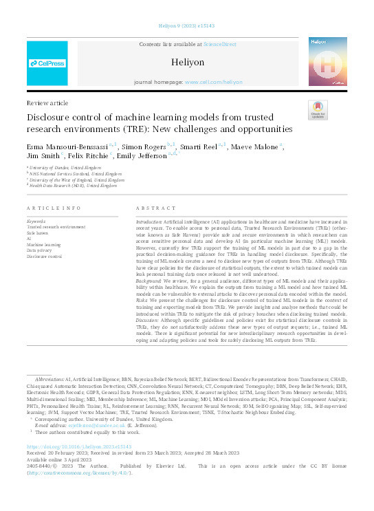 Disclosure control of machine learning models from trusted research environments (TRE): New challenges and opportunities Thumbnail