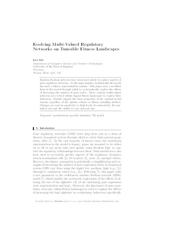 Evolving multi-valued regulatory networks on tuneable fitness landscapes Thumbnail