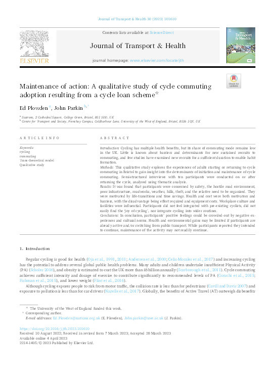 Maintenance of action: A qualitative study of cycle commuting adoption resulting from a cycle loan scheme Thumbnail