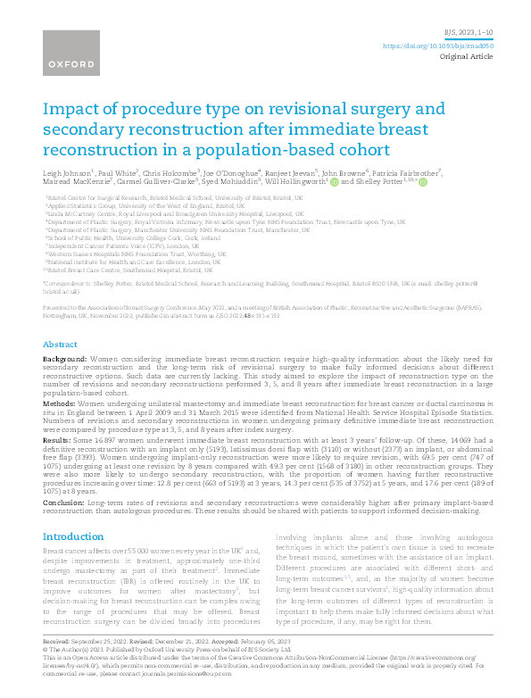 Impact of procedure type on revisional surgery and secondary reconstruction after immediate breast reconstruction in a population-based cohort Thumbnail