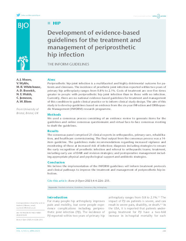 Development of evidence-based guidelines for the treatment and management of periprosthetic hip infection: The inform guidelines Thumbnail