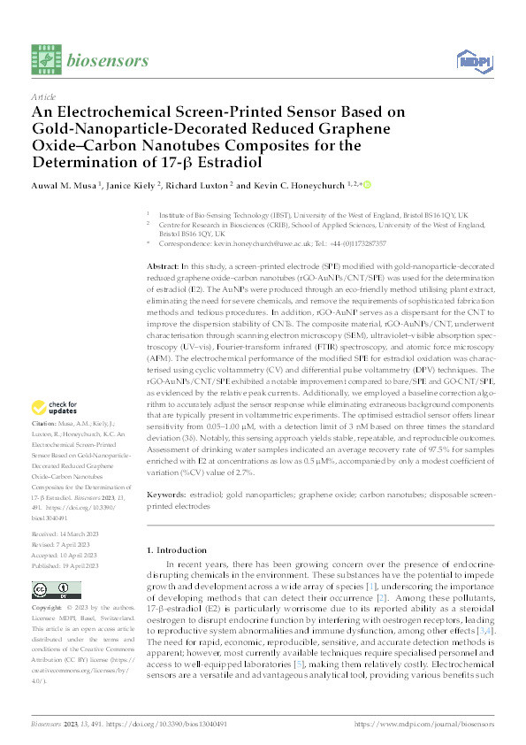 An electrochemical screen-printed sensor based on gold-nanoparticle-decorated reduced graphene oxide–carbon nanotubes composites for the determination of 17-β estradiol Thumbnail