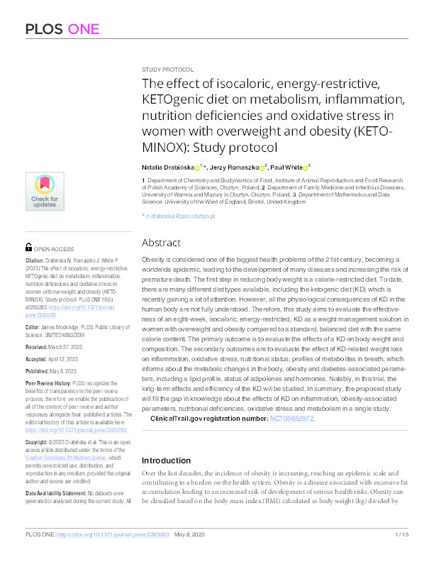 The effect of isocaloric, energy-restrictive, KETOgenic diet on metabolism, inflammation, nutrition deficiencies and oxidative stress in women with overweight and obesity (KETO-MINOX): Study protocol Thumbnail