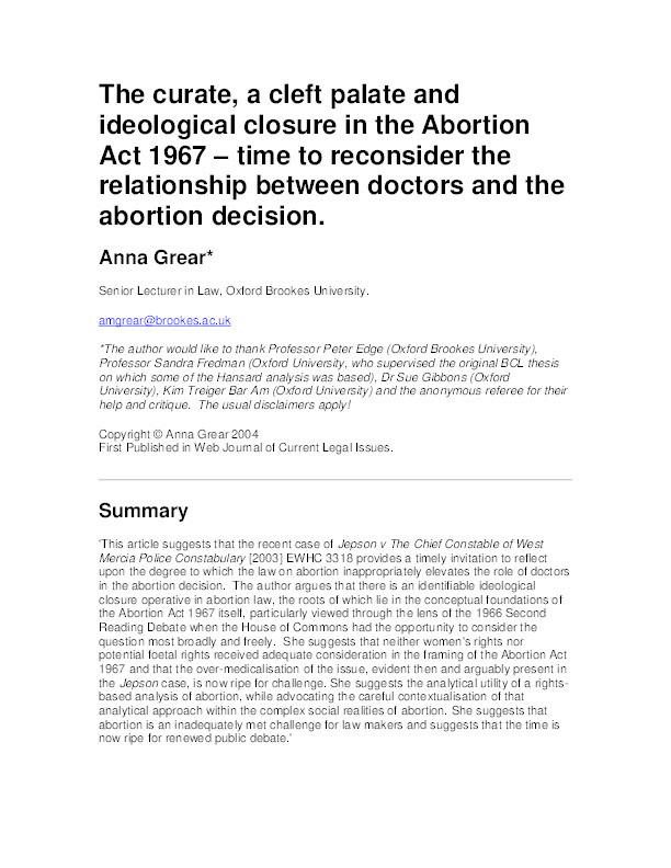 The curate, a cleft palate and ideological closure in the Abortion Act 1967 – time to reconsider the relationship between doctors and the abortion decision Thumbnail