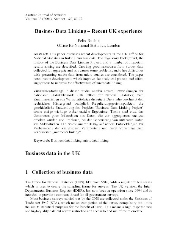 Business data linking: Recent UK experience Thumbnail