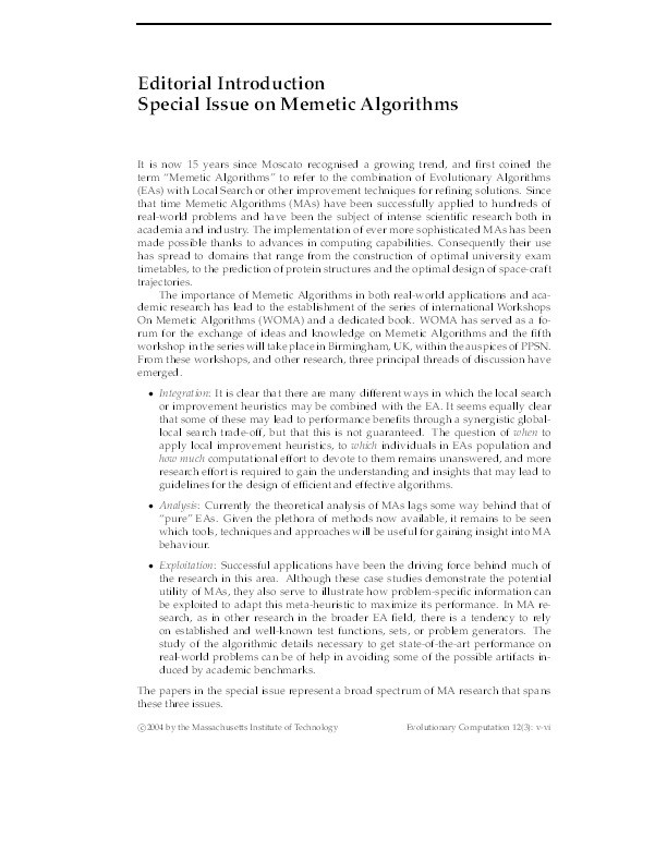 Editorial introduction to special issue on memetic algorithms Thumbnail