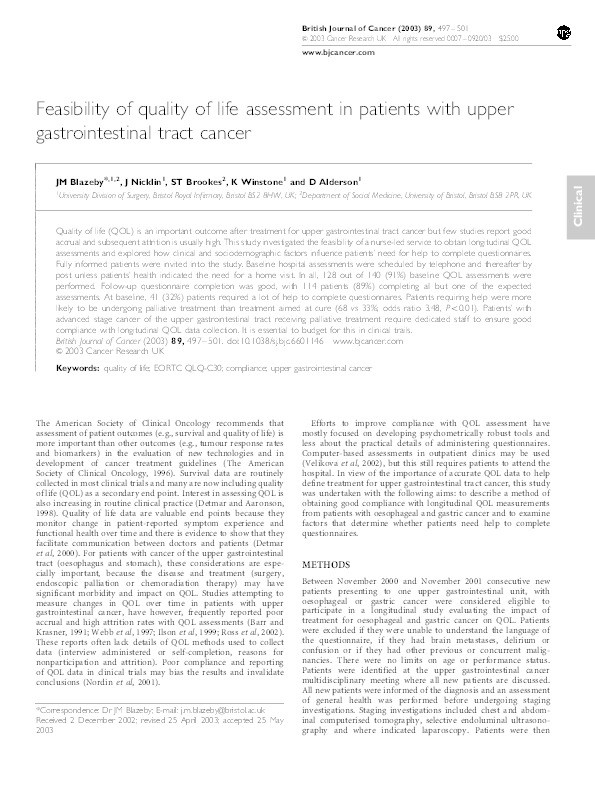 Feasibility of quality of life assessment in patients with upper gastrointestinal tract cancer Thumbnail