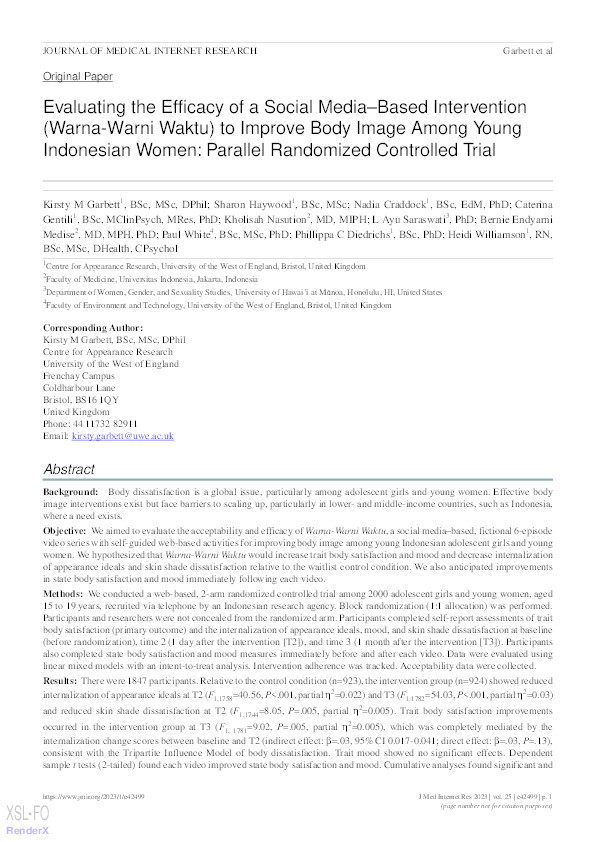 Evaluating the efficacy of a social media-based intervention (Warna-Warni Waktu) to improve body image among young Indonesian women: Parallel randomized controlled trial Thumbnail