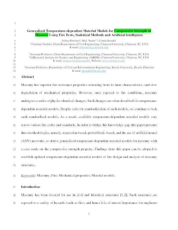 Generalized temperature-dependent material models for compressive strength of masonry using fire tests, statistical methods and artificial intelligence Thumbnail