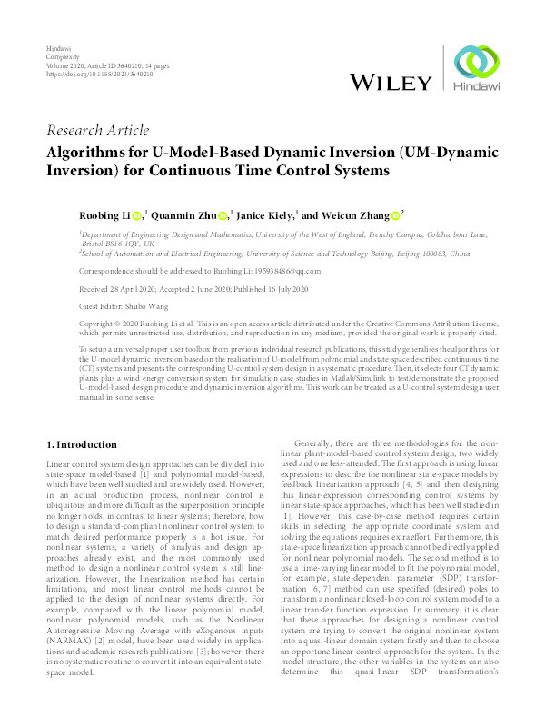 Algorithms for U-model-based dynamic inversion (UM-dynamic inversion) for continuous time control systems Thumbnail