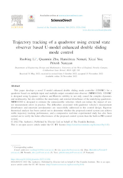 Trajectory tracking of a quadrotor using extend state observer based U-model enhanced double sliding mode control Thumbnail