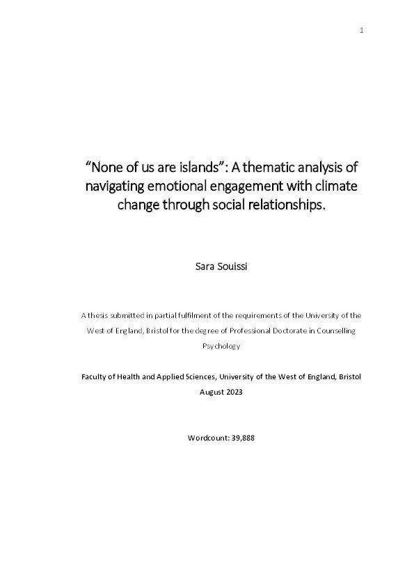 “None of us are islands”: A thematic analysis of navigating emotional engagement with climate change through social relationships Thumbnail
