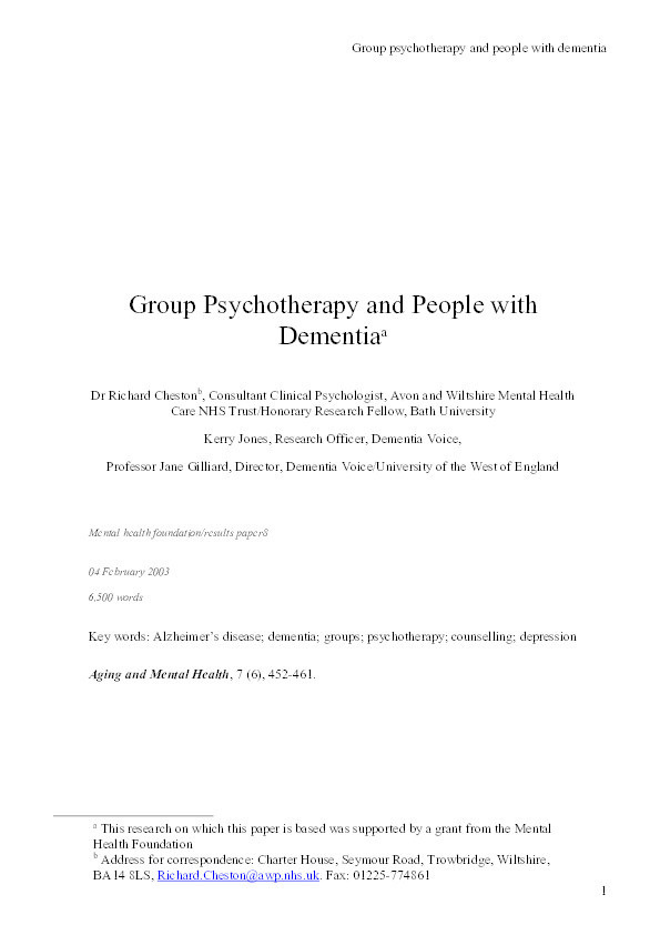 Group psychotherapy and people with dementia Thumbnail