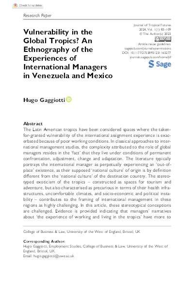 Vulnerability in the global tropics? An ethnography of the experiences of international managers in Venezuela and Mexico Thumbnail