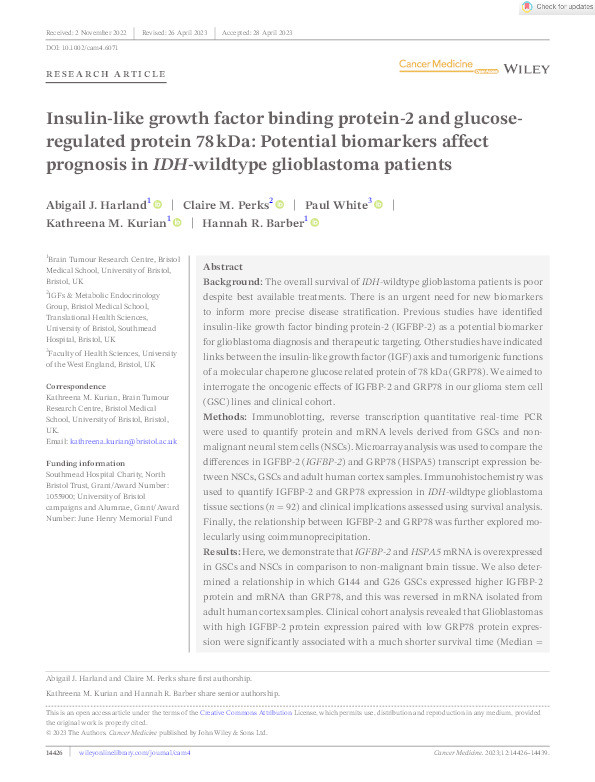 Insulin-like growth factor binding protein-2 and glucose-regulated protein 78 kDa: Potential biomarkers affect prognosis in IDH-wildtype glioblastoma patients Thumbnail