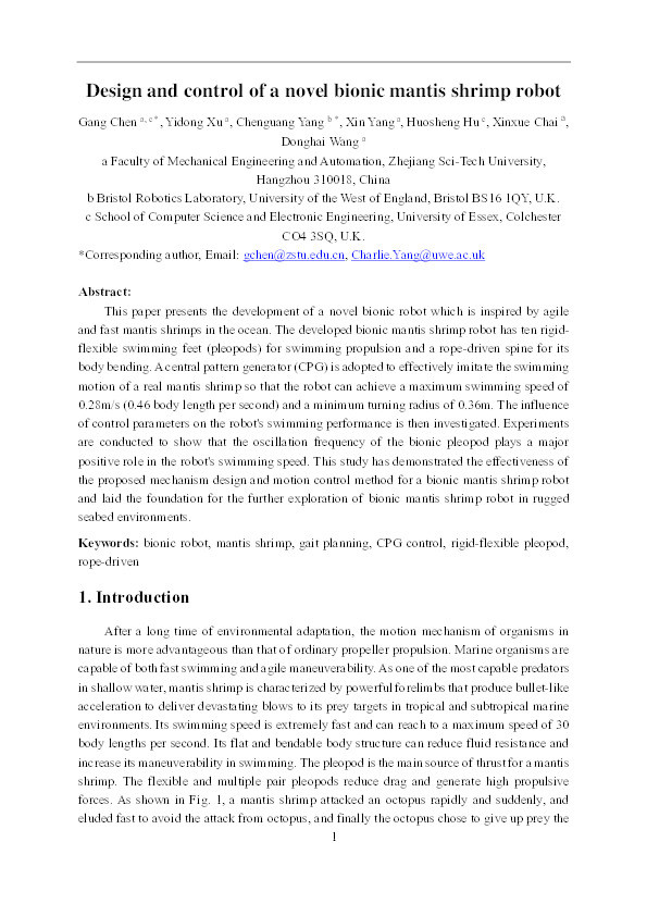 Design and control of a novel bionic mantis shrimp robot Thumbnail