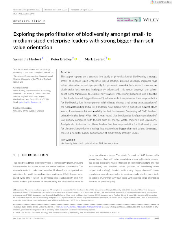 Exploring the prioritisation of biodiversity amongst small- to medium-sized enterprise leaders with strong bigger-than-self value orientation Thumbnail