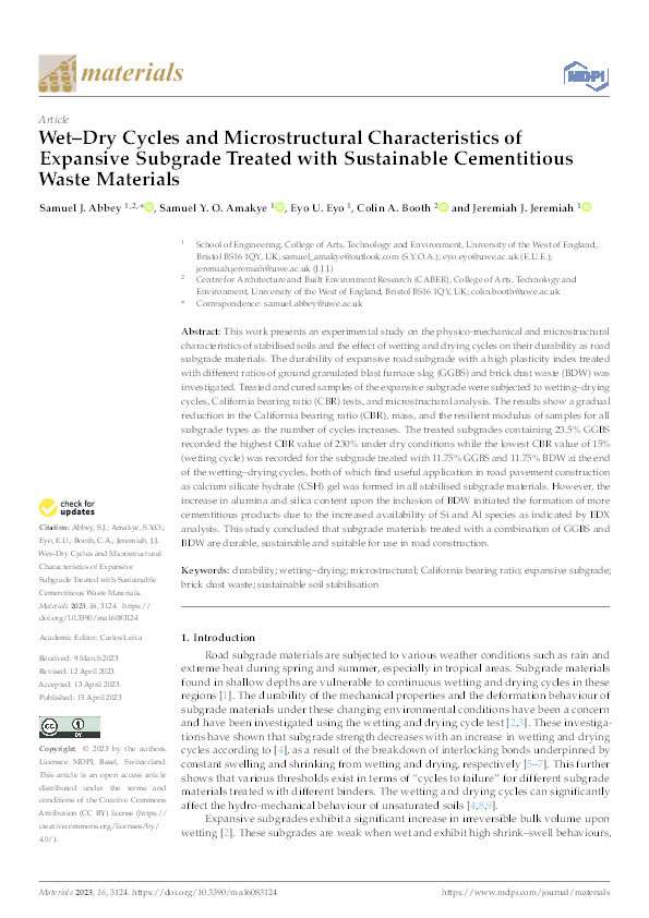 Wet–dry cycles and microstructural characteristics of expansive subgrade treated with sustainable cementitious waste materials Thumbnail
