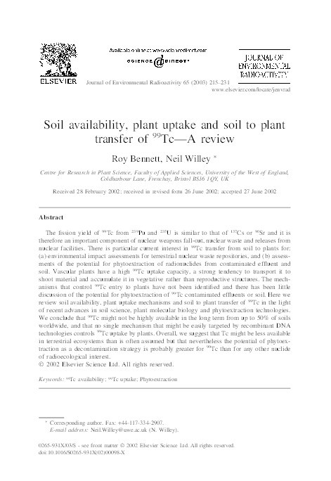 Soil availability, plant uptake and soil to plant transfer of 99Tc - A review Thumbnail