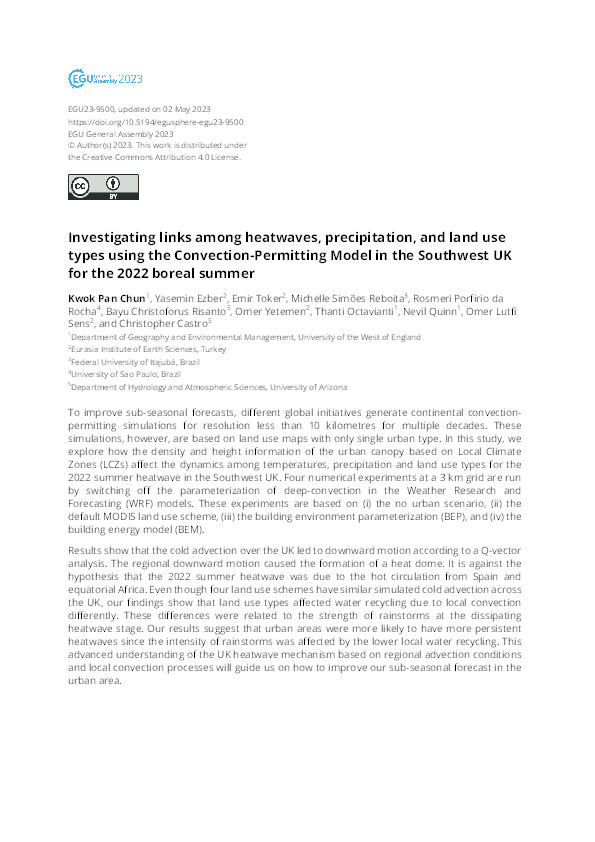 Investigating links among heatwaves, precipitation, and land use types using the convection-permitting model in the Southwest UK for the 2022 boreal summer Thumbnail