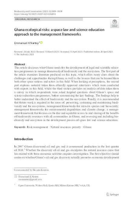 Ghana ecological risks: A space law and science education approach to the management frameworks Thumbnail