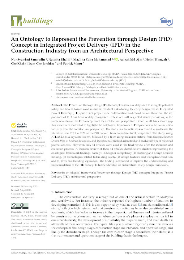An ontology to represent the prevention through design (PtD) concept in integrated project delivery (IPD) in the construction industry from an architectural perspective Thumbnail
