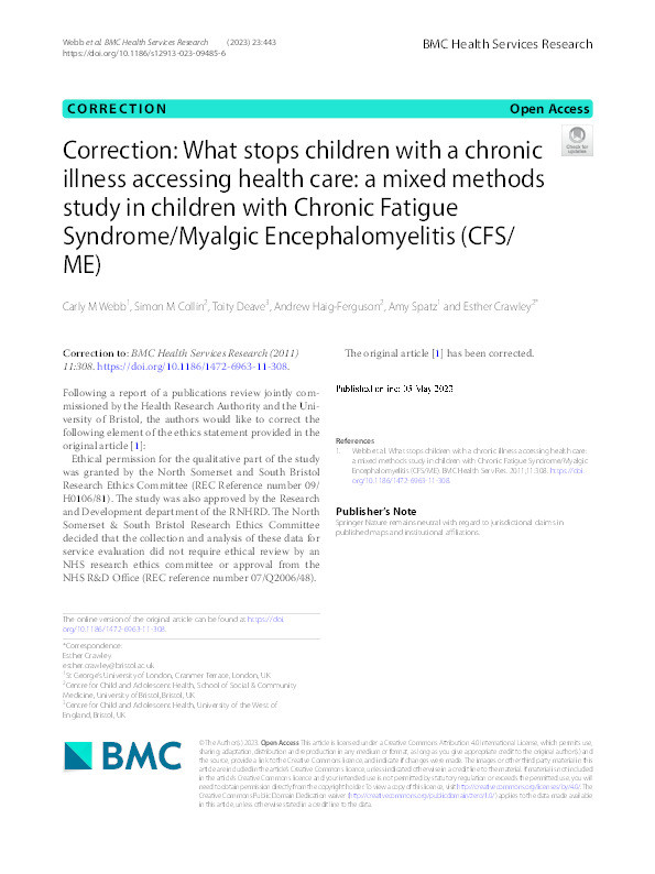 Correction: What stops children with a chronic illness accessing health care: A mixed methods study in children with chronic fatigue syndrome/myalgic encephalomyelitis (CFS/ME) Thumbnail