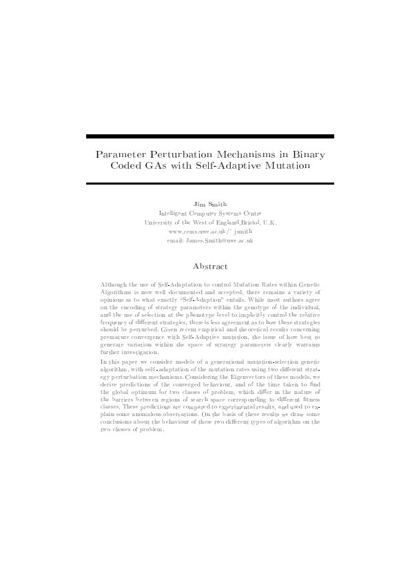 Parameter perturbation mechanisms in binary coded gas with self-adaptive mutation Thumbnail