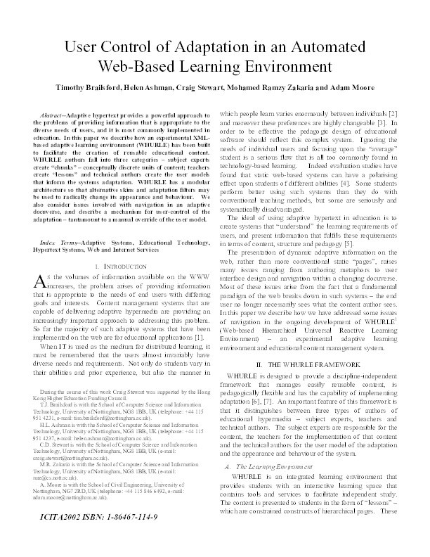User control of adaptation in an automated web-based learning environment Thumbnail