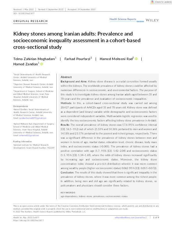 Kidney stones among Iranian adults: Prevalence and socioeconomic inequality assessment in a cohort-based cross-sectional study Thumbnail