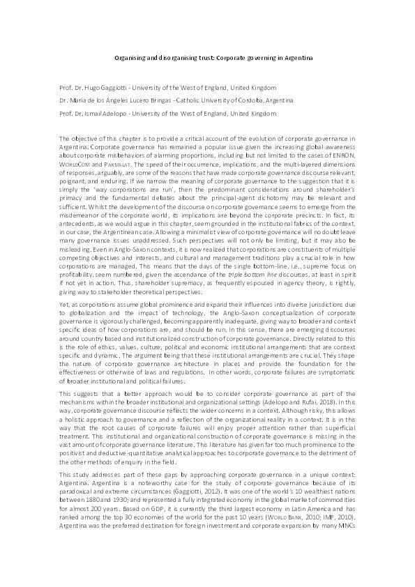 Organising and disorganising trust: Corporate governing in Argentina Thumbnail