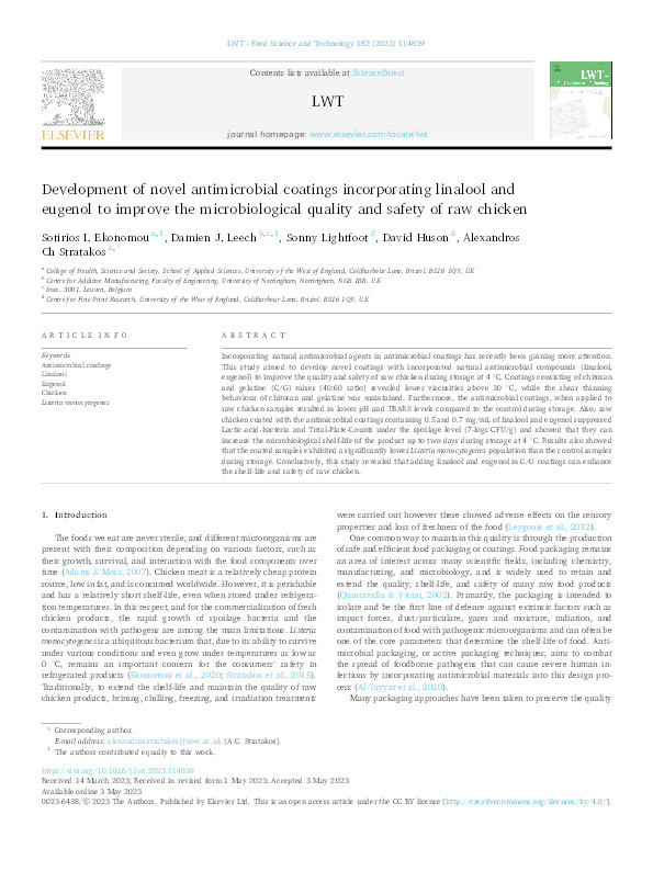 Development of novel antimicrobial coatings incorporating linalool and eugenol to improve the microbiological quality and safety of raw chicken Thumbnail