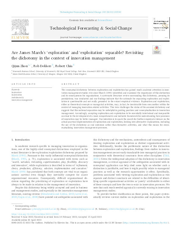 Are James March's ‘exploration’ and ‘exploitation’ separable? Revisiting the dichotomy in the context of innovation management Thumbnail