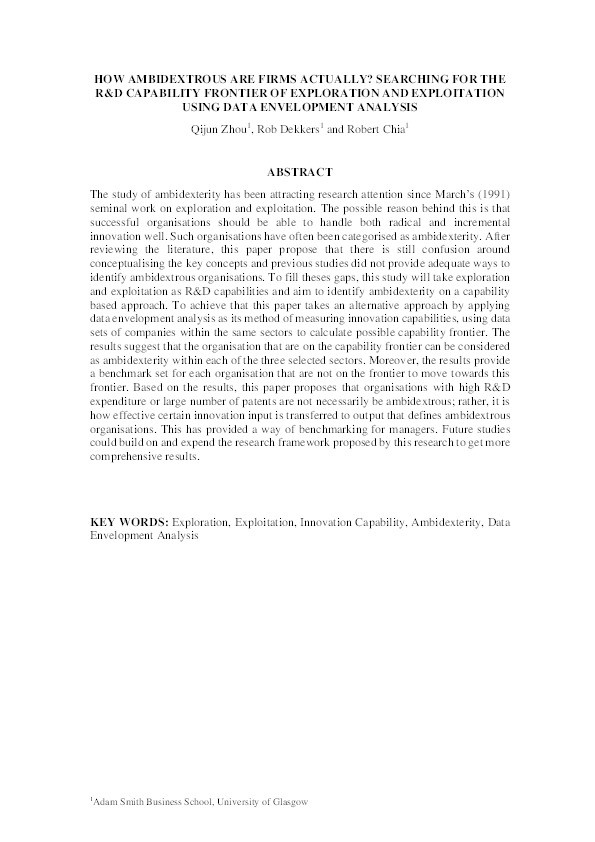 How ambidextrous are they actually? An empirical test of exploration and exploitation as innovation capabilities using data envelopment analysis Thumbnail