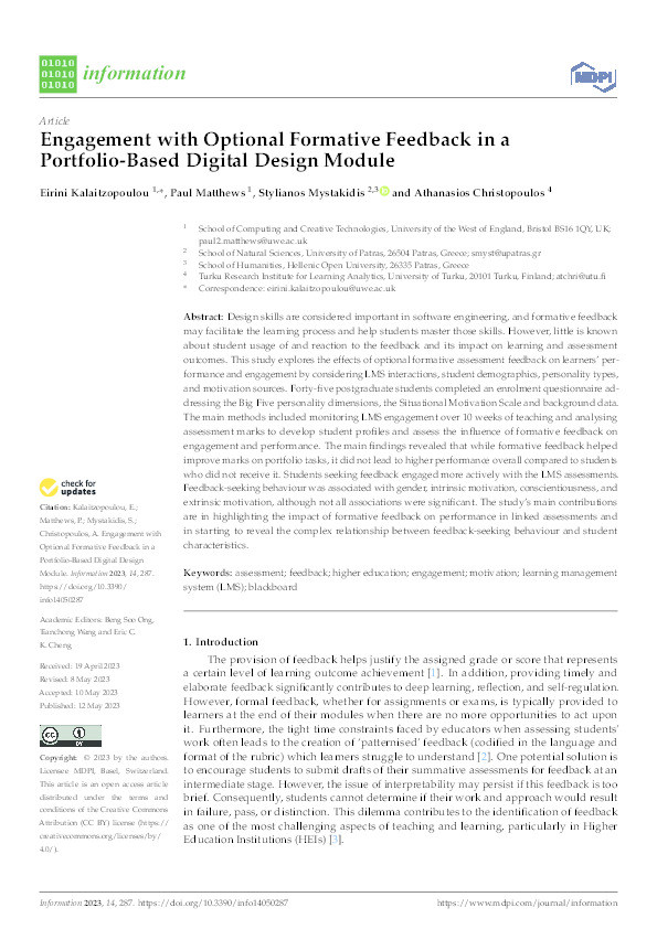 Engagement with optional formative feedback in a portfolio-based digital design module Thumbnail