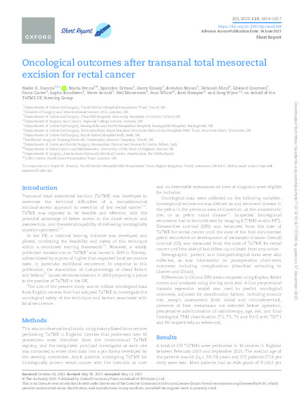 Oncological outcomes after transanal total mesorectal excision for rectal cancer Thumbnail