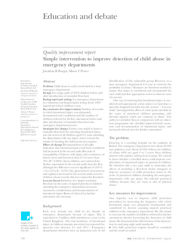 Simple intervention to improve detection of child abuse in emergency departments Thumbnail