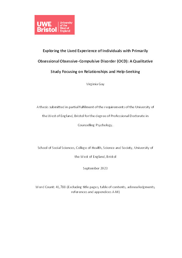 Exploring the lived experience of individuals with primarily obsessional obsessive-compulsive disorder (OCD): A qualitative study focusing on relationships and help-seeking Thumbnail