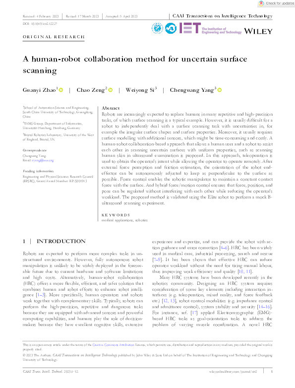 A human-robot collaboration method for uncertain surface scanning Thumbnail