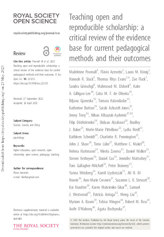 Teaching open and reproducible scholarship: A critical review of the evidence base for current pedagogical methods and their outcomes Thumbnail