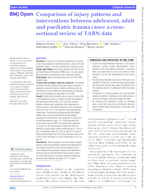 Comparison of injury patterns and interventions between adolescent, adult and paediatric trauma cases: A cross-sectional review of TARN data Thumbnail