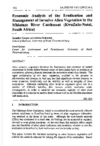 Economic analysis of the eradication and management of invasive alien vegetation in the Mhlatuze River Catchment (KwaZulu-Natal, South Africa) Thumbnail